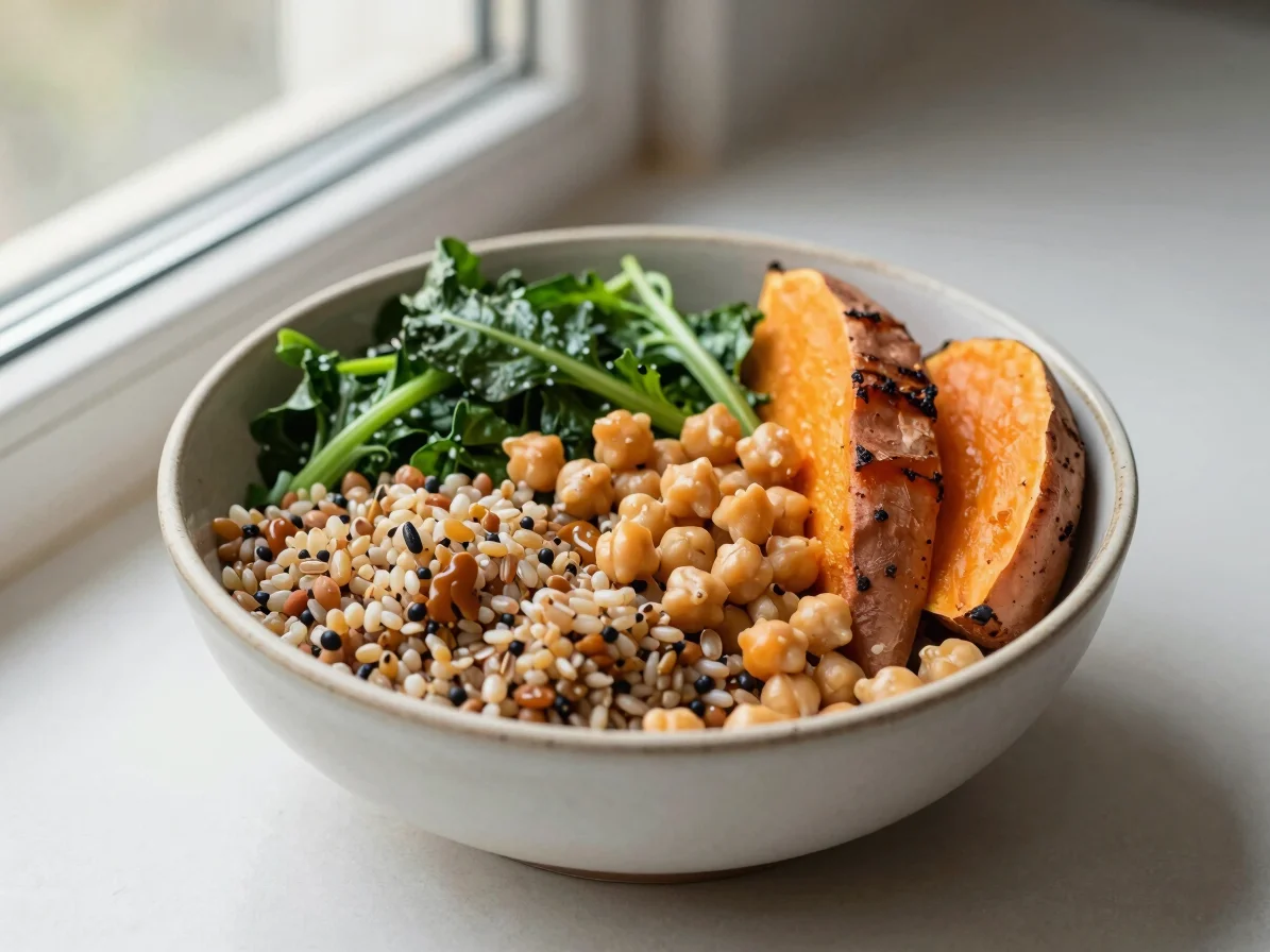 Overhead studio shot of a hearty vegetable grain bowl with roaste