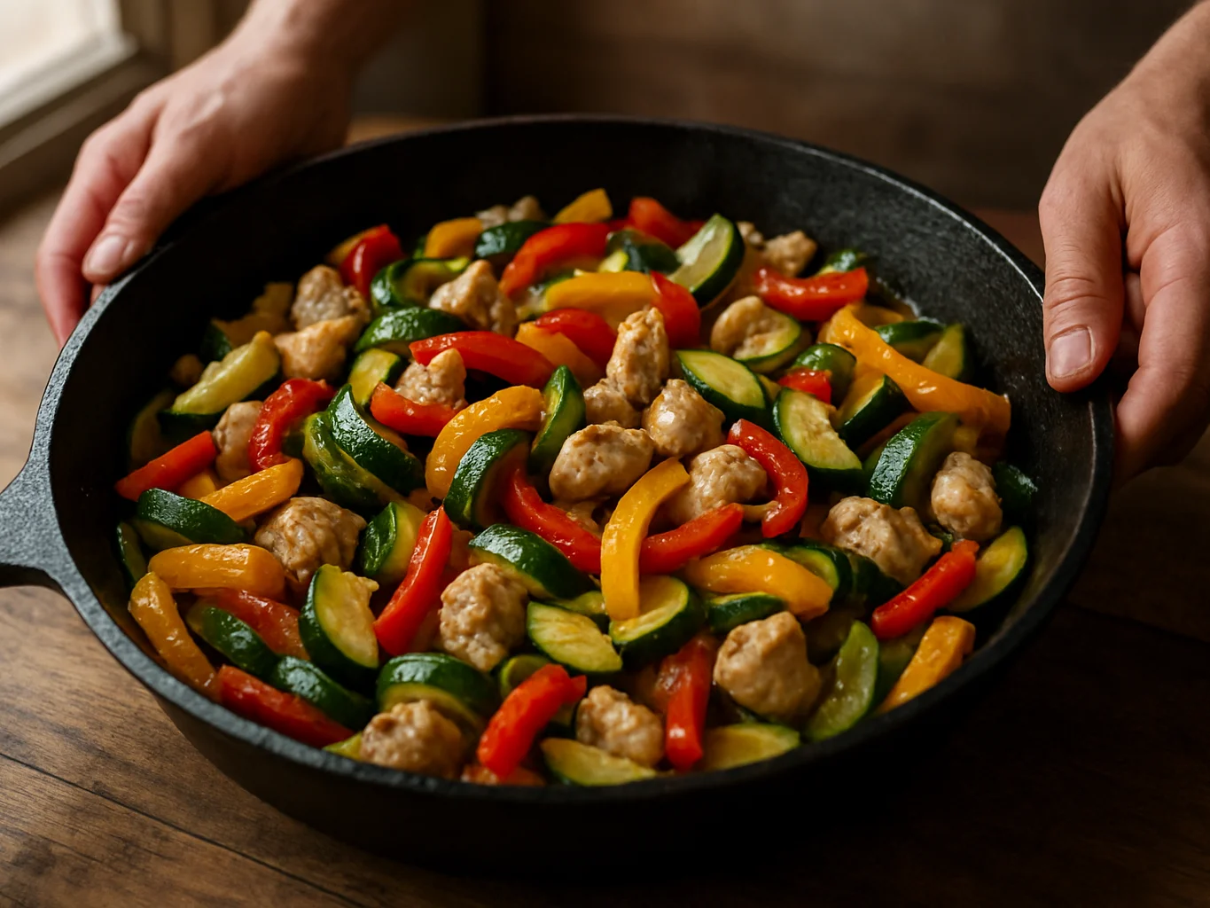Close 50mm view of a sizzling cast-iron skillet filled with color