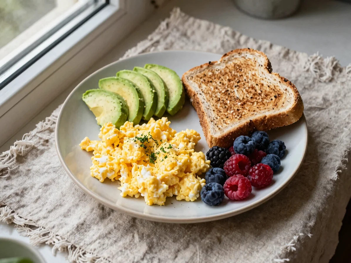 Overhead view of a breakfast plate with scrambled eggs, sliced av