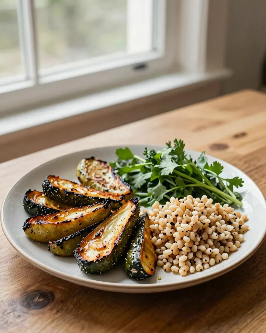 Editorial food photography, soft natural window light, overhead view of a balanced everyday dinner plate with roasted ve