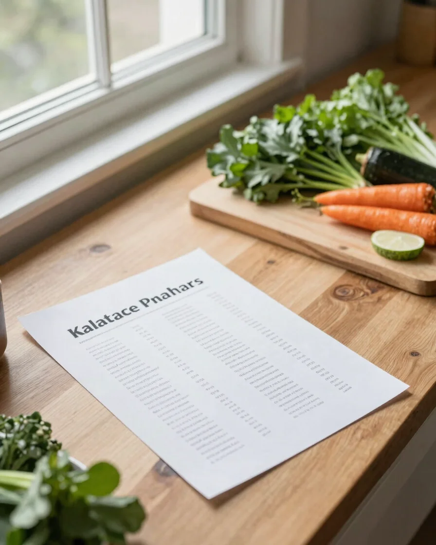 Editorial overhead food photography of a clean wooden counter with a printed kitchen reference sheet beside fresh season