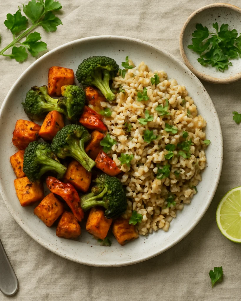 Overhead tabletop view of a fresh nutritious meal with roasted ve